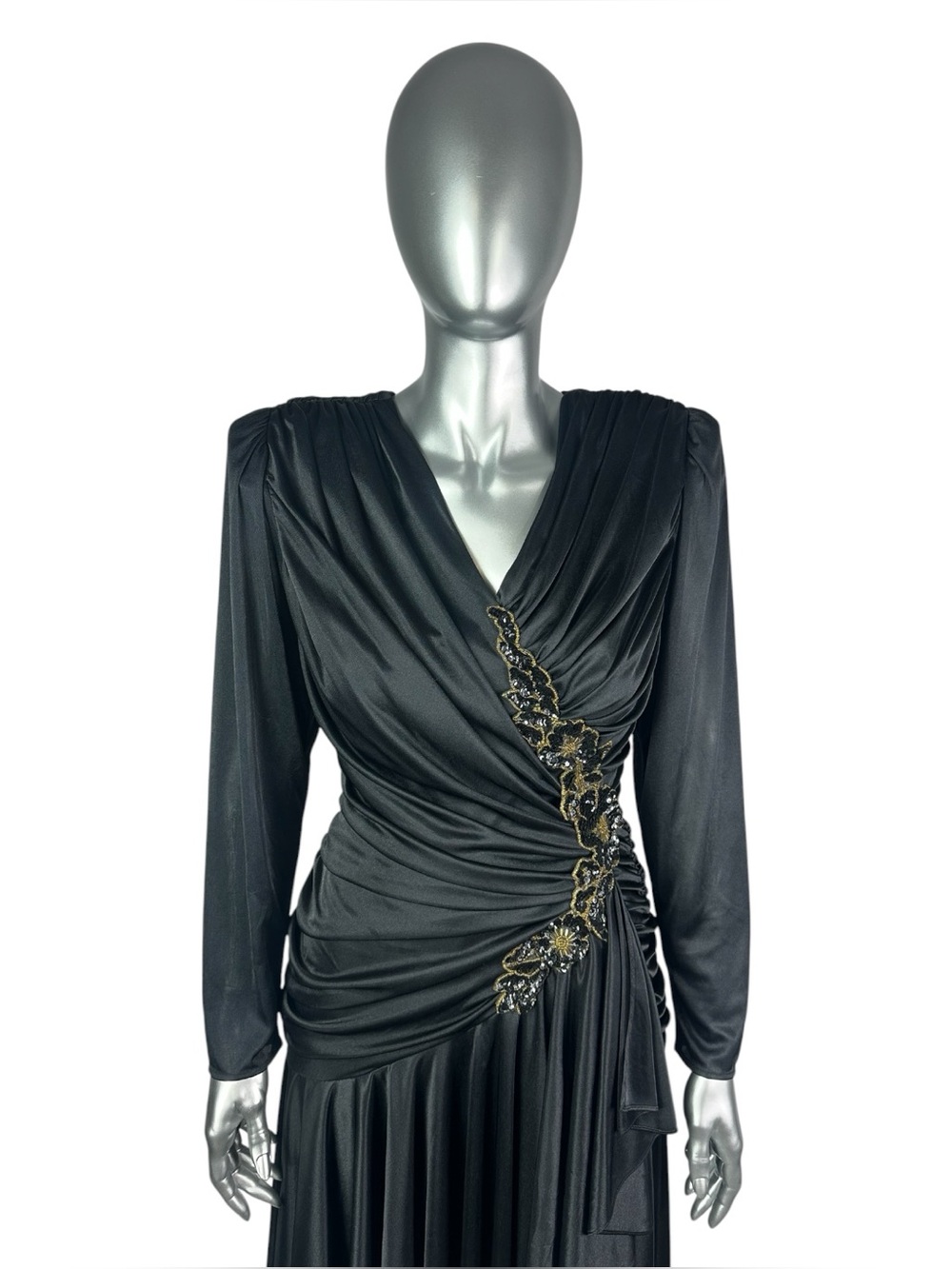 Black Ruched Sequin BEADED  Dress, Abby KENT Designer, XS, NWOT, Vintage 1980’s